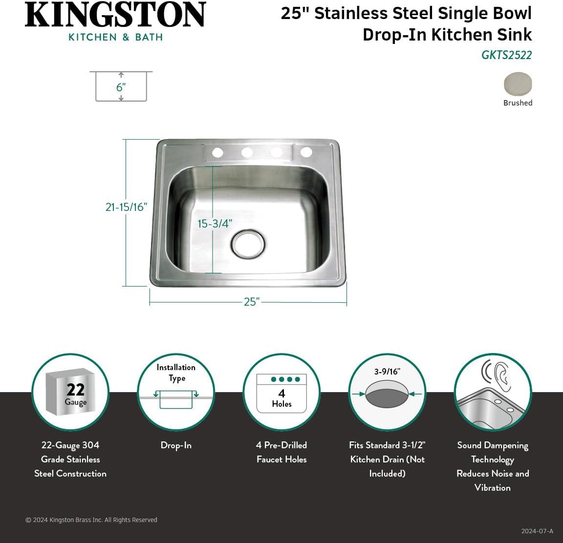 Kingston Brass Studio 25-Inch Stainless Steel Self-Rimming 4-Hole Single Bowl Drop-In Kitchen Sink