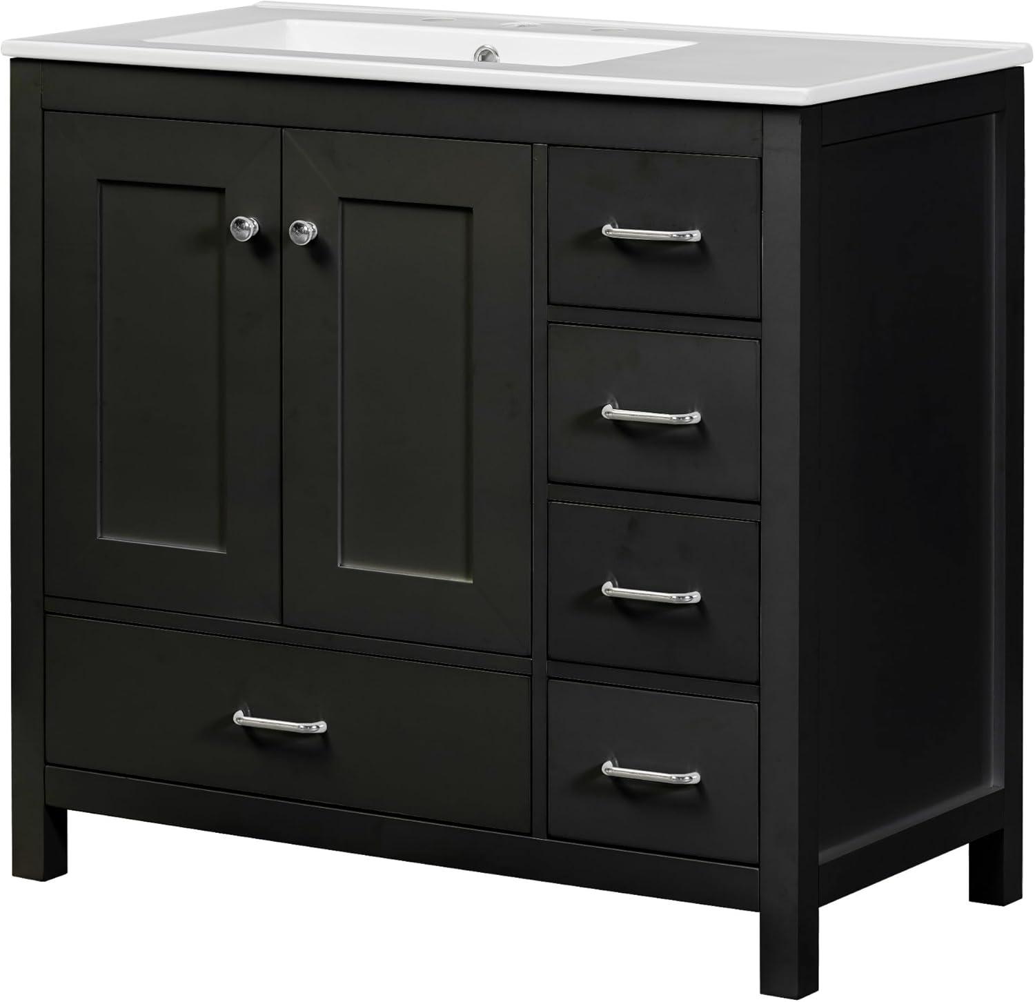 Black 36" Freestanding Bathroom Vanity with Ceramic Sink and Storage