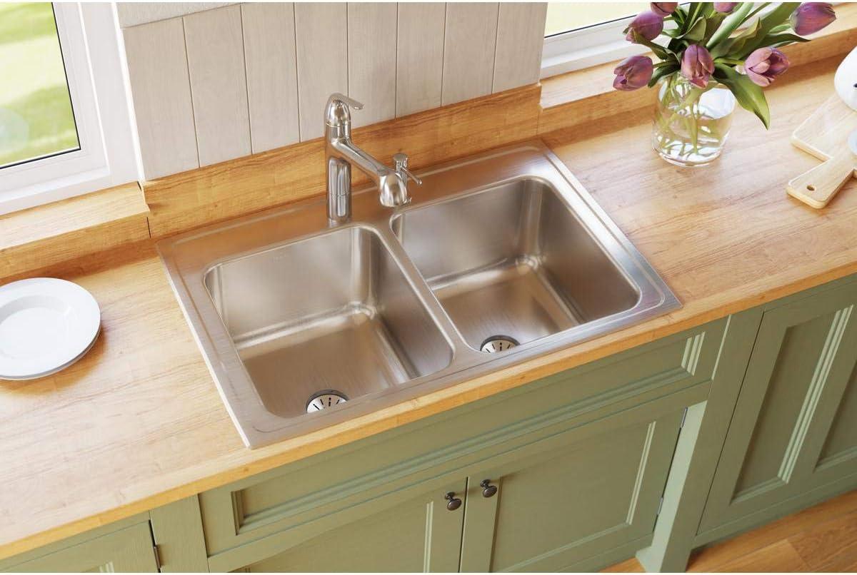 Elkay DLR332210PDMR2 Lustertone 33" L x 22" W Double Basin Drop-In Kitchen Sink with Drain Assembly