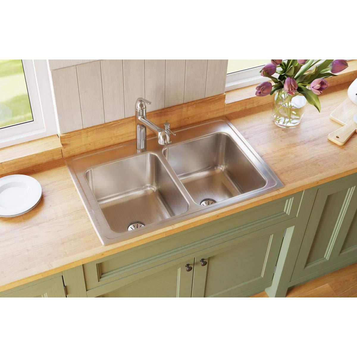 Elkay DLR332210PDMR2 Lustertone 33" L x 22" W Double Basin Drop-In Kitchen Sink with Drain Assembly
