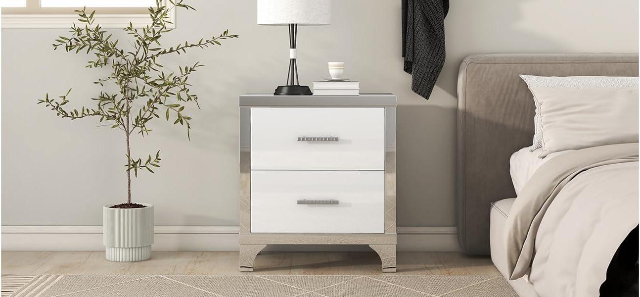 Elegant High Gloss Nightstand with Metal Handle,Mirrored Bedside Table with 2 Drawers,End Table Side Table for Bedroom,Living Room,White