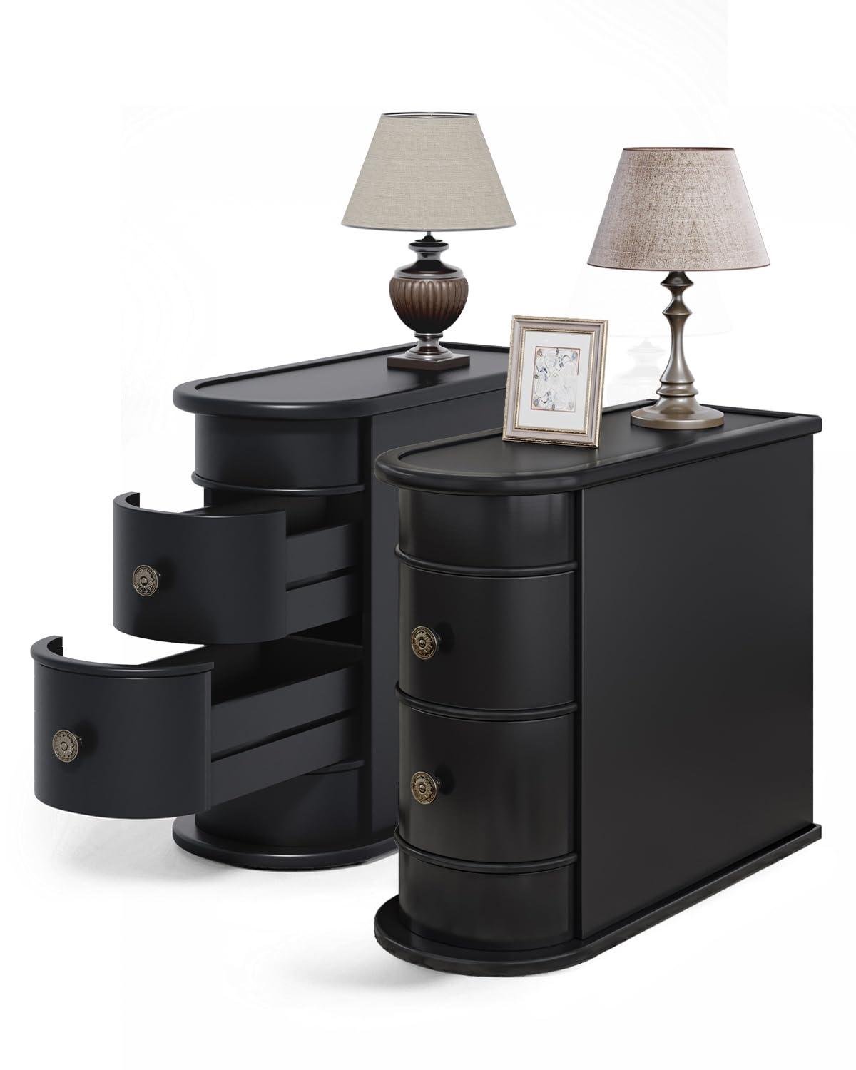 Hommoo Wood Narrow Nightstand with 2 Drawers Black