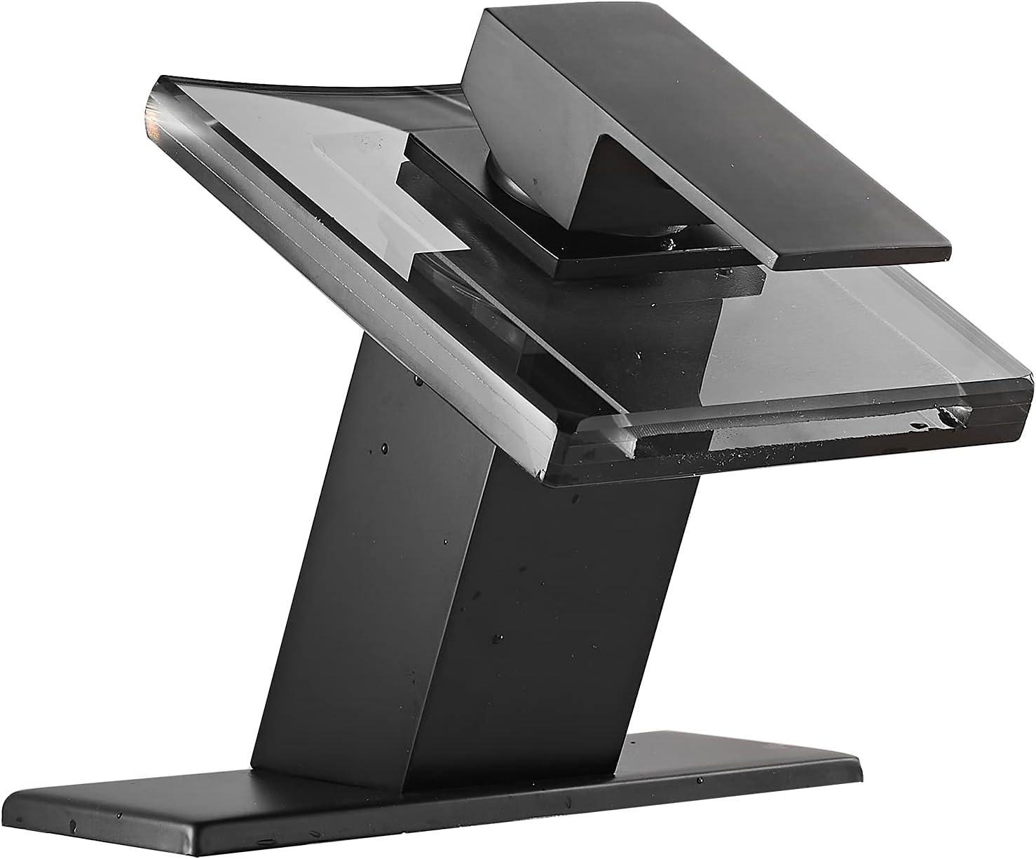 Matte Black Bathroom Faucet with Glass Waterfall Design, Single Handle for Sink, Modern Vanity Faucets with Supply Lines, Lavatory Basin Bath Mixer Tap, Deck Mounted