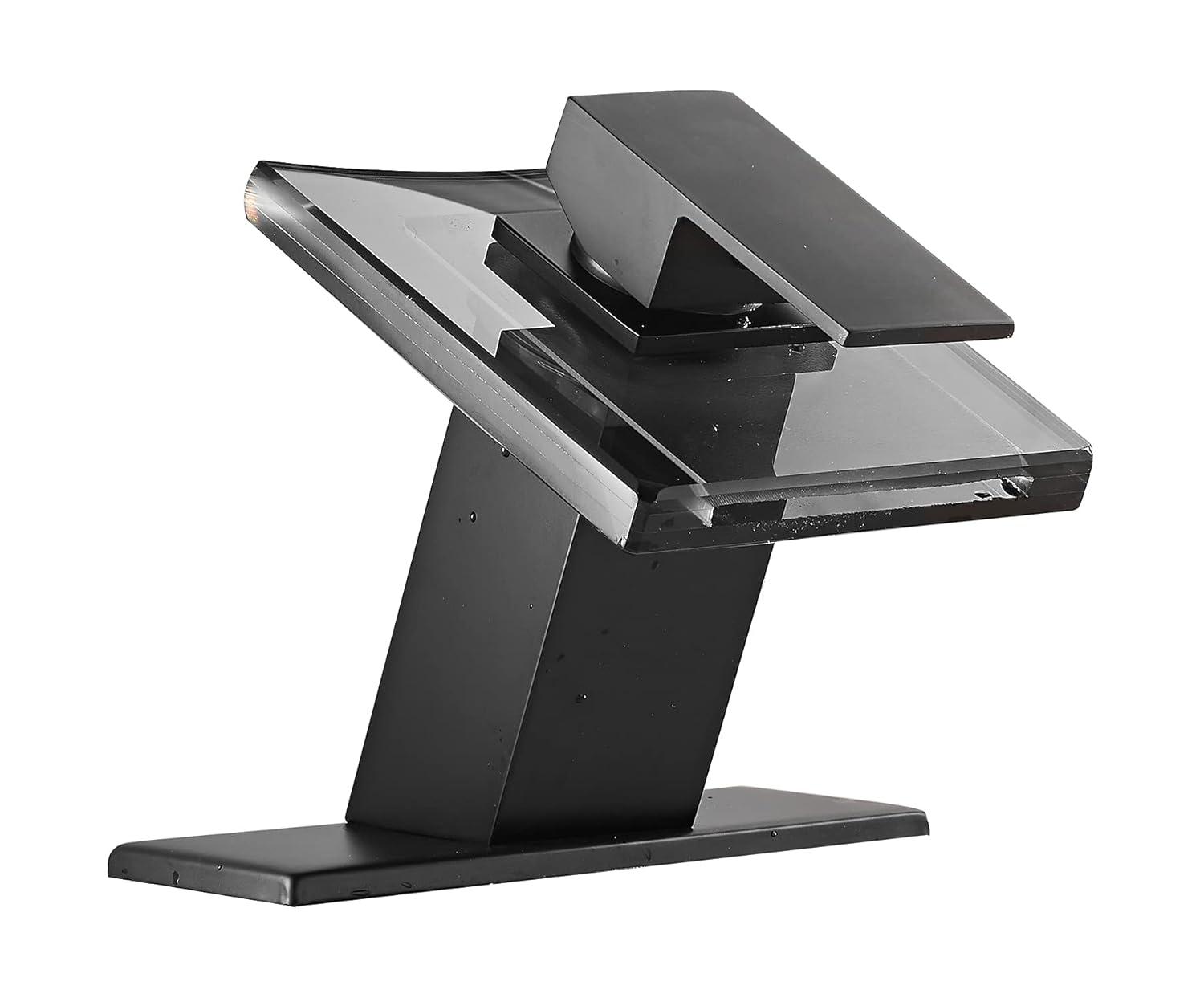 Matte Black Bathroom Faucet with Glass Waterfall Design, Single Handle for Sink, Modern Vanity Faucets with Supply Lines, Lavatory Basin Bath Mixer Tap, Deck Mounted