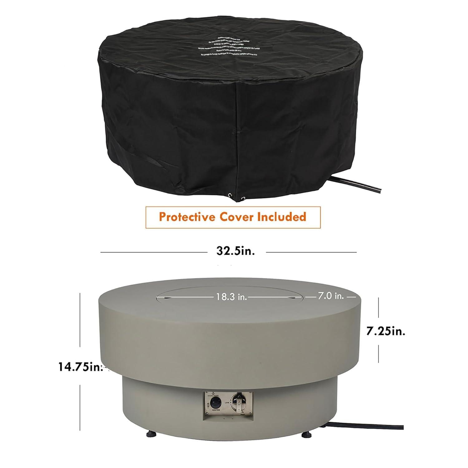 BAIDE HOME 32.5" Round Steel Low Profile Propane Fire Pit Table, 50,000 BTU Outdoor Gas Fire Pit with Lid, Glass Rocks, Cover, Pre-attached 10ft Propane Hose