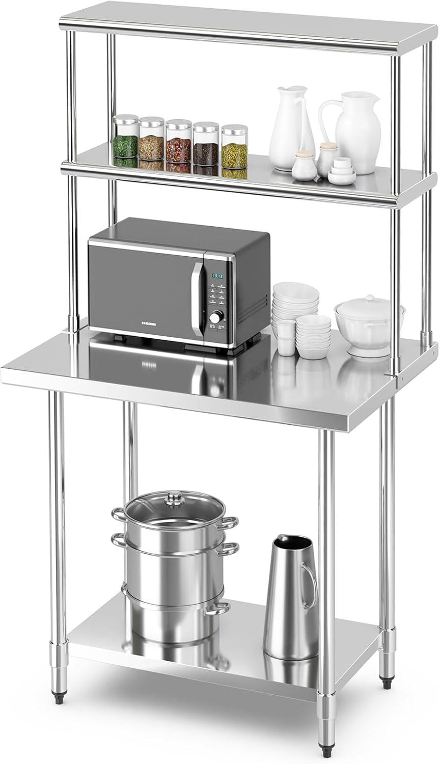 Costway Stainless Steel Table with Overshelves 36'' X 24'' Work Table with 36'' X 12'' Shelf