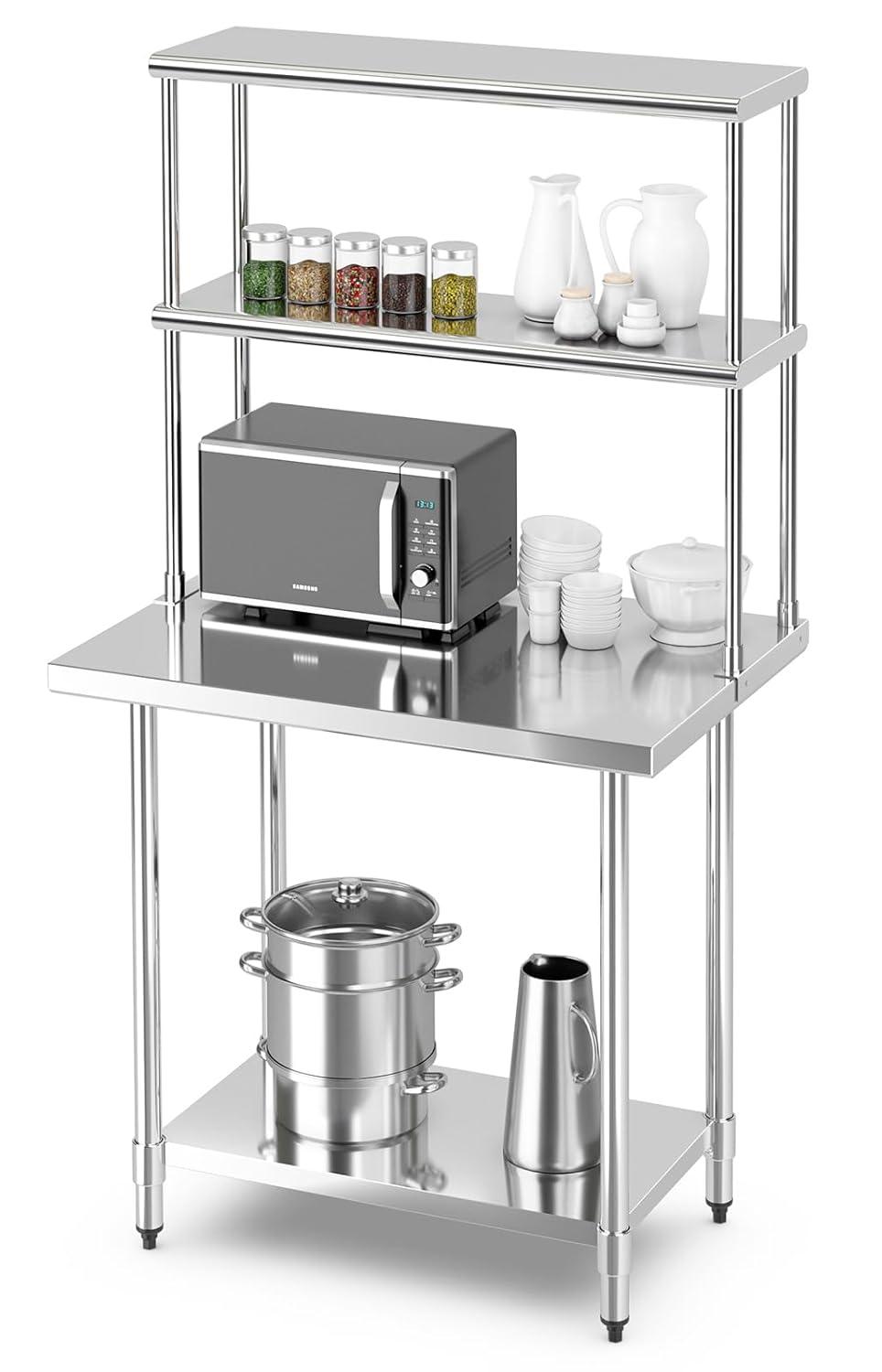 Costway Stainless Steel Table with Overshelves 36'' X 24'' Work Table with 36'' X 12'' Shelf