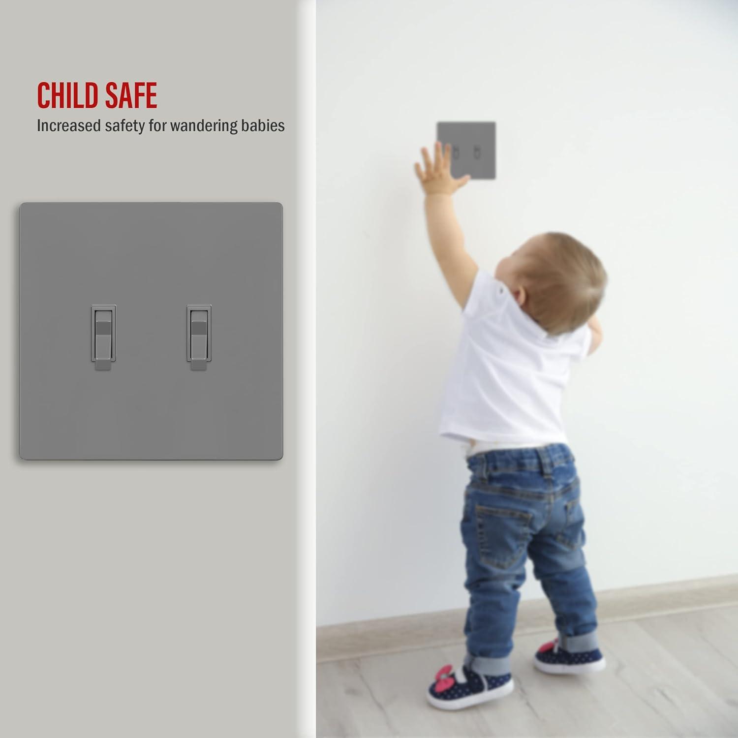 ENERLITES Screwless Double Toggle Switch Wall Plate, Child Safe Dual Light Cover, Standard Size 2-Gang, Unbreakable Polycarbonate Thermoplastic, Glossy Gray