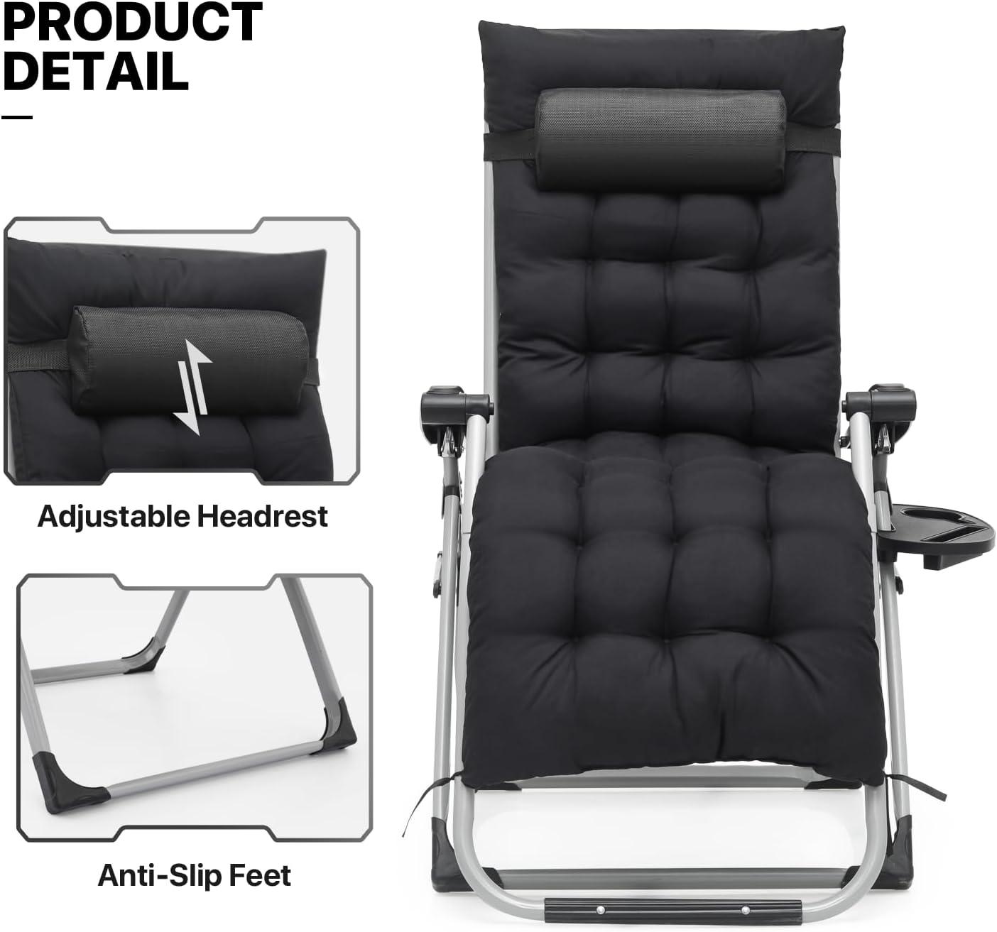 MoNiBloom Reinforced Zero Gravity Chair, Folding Pool Beach Lounger, Chaise with Cushion, Headrest and Side Tray, Black