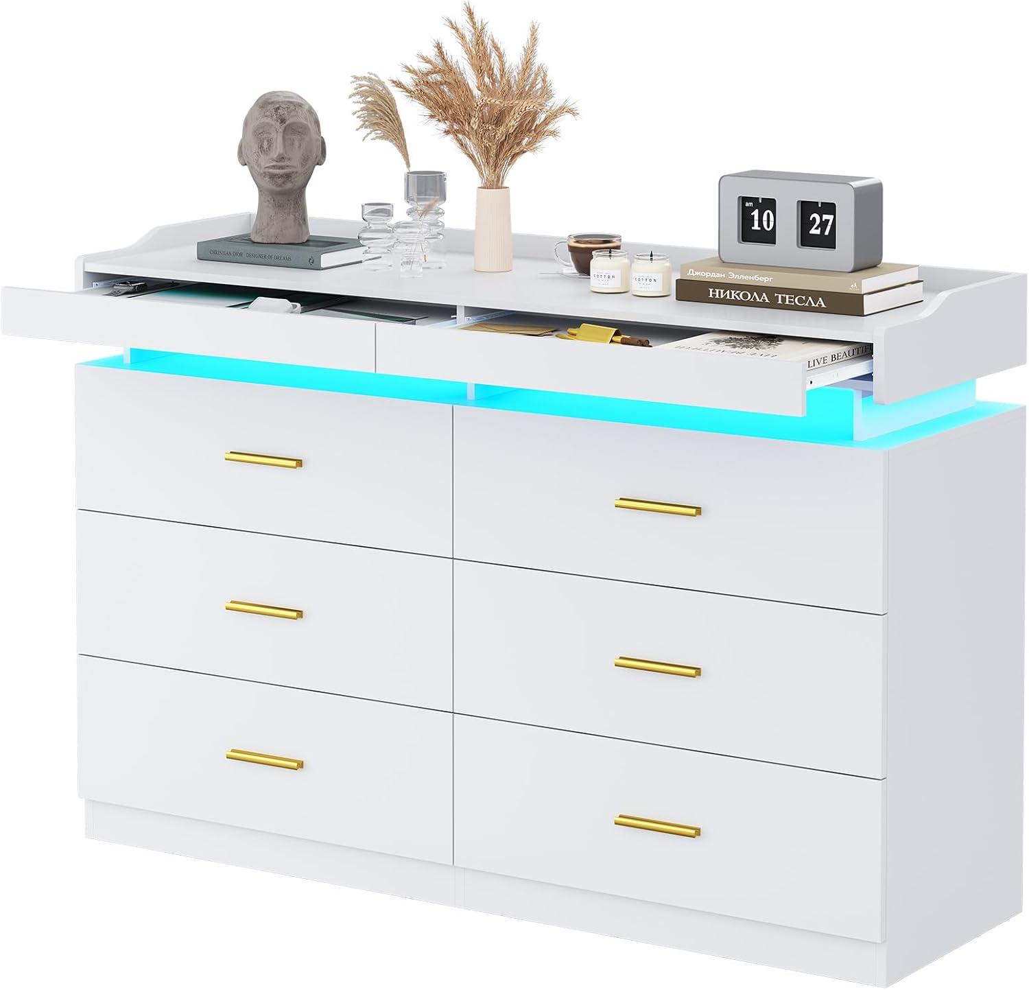 Modern LED Dresser for Bedroom, 6 Drawer Dresser with 2 Pull-Out Trays, Wide Dresser, White