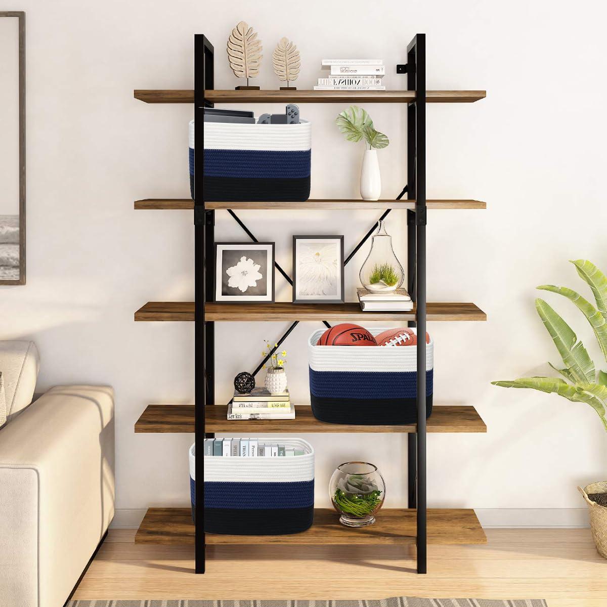 KOUROUU 3 Pack Cotton Rope Storage Basket Woven Shelf Storage Bin with Faux Leather Handles, Decorative Closet Shelf Woven Basket for Storage Organizers, 15 x 10 x 9, White/Gray