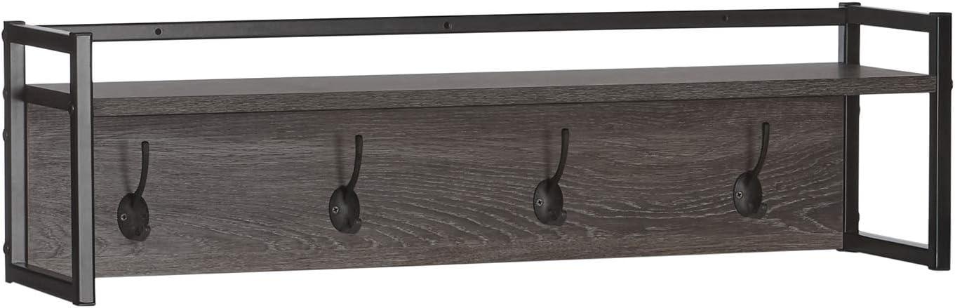 Afton Weathered Woodgrain Wall Shelf with 4 Double Metal Hooks