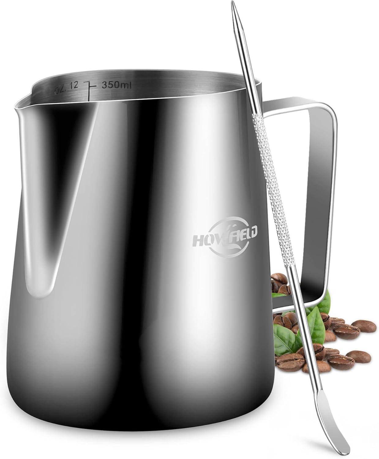 12oz (350ml) Milk Frothing Pitcher 304 Stainless Steel Steaming Jug with Latte Art Pen Anti-Scald Handle & Scale Barista Frother Cup for Cappuccino, Latte, Coffee Accessories