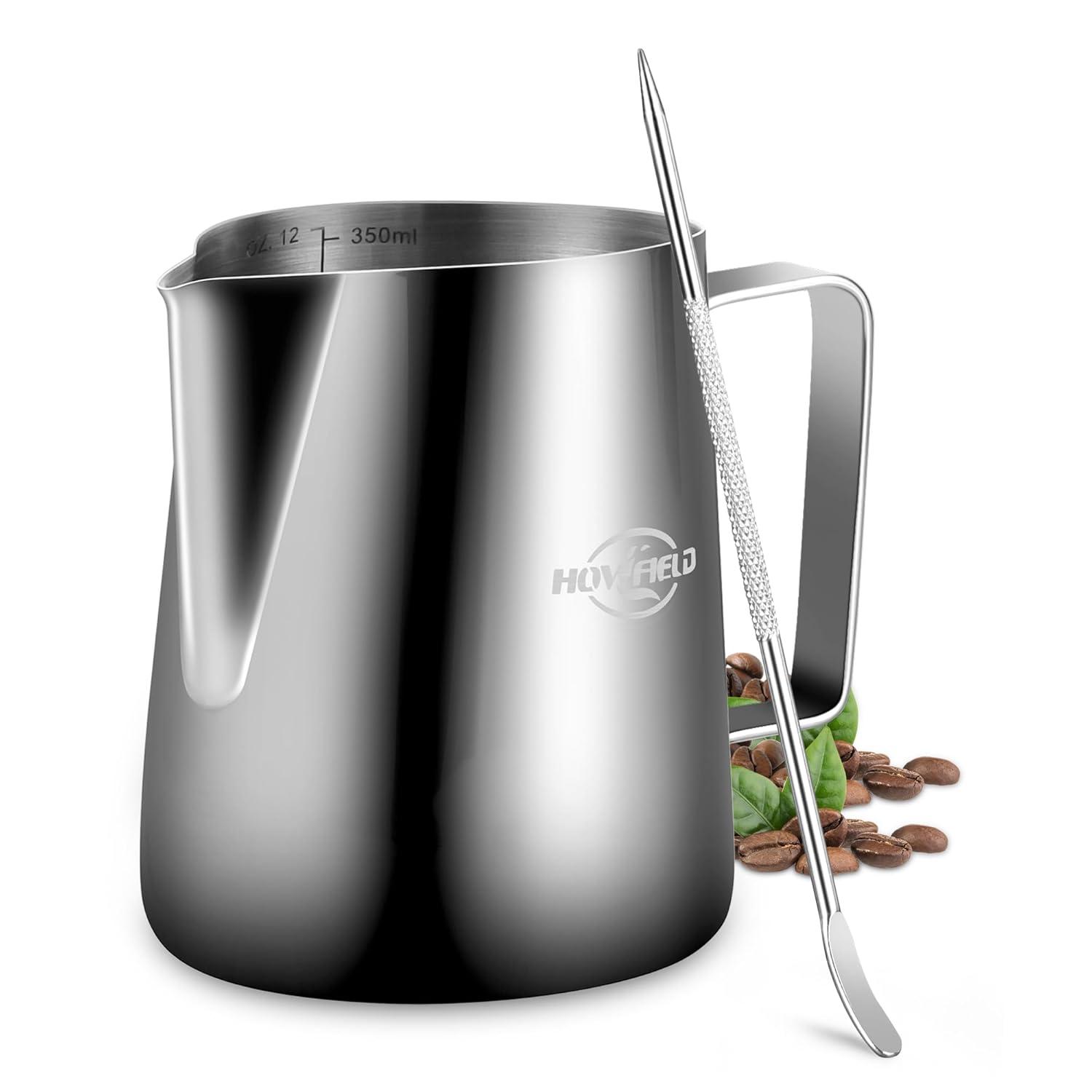 12oz (350ml) Milk Frothing Pitcher 304 Stainless Steel Steaming Jug with Latte Art Pen Anti-Scald Handle & Scale Barista Frother Cup for Cappuccino, Latte, Coffee Accessories