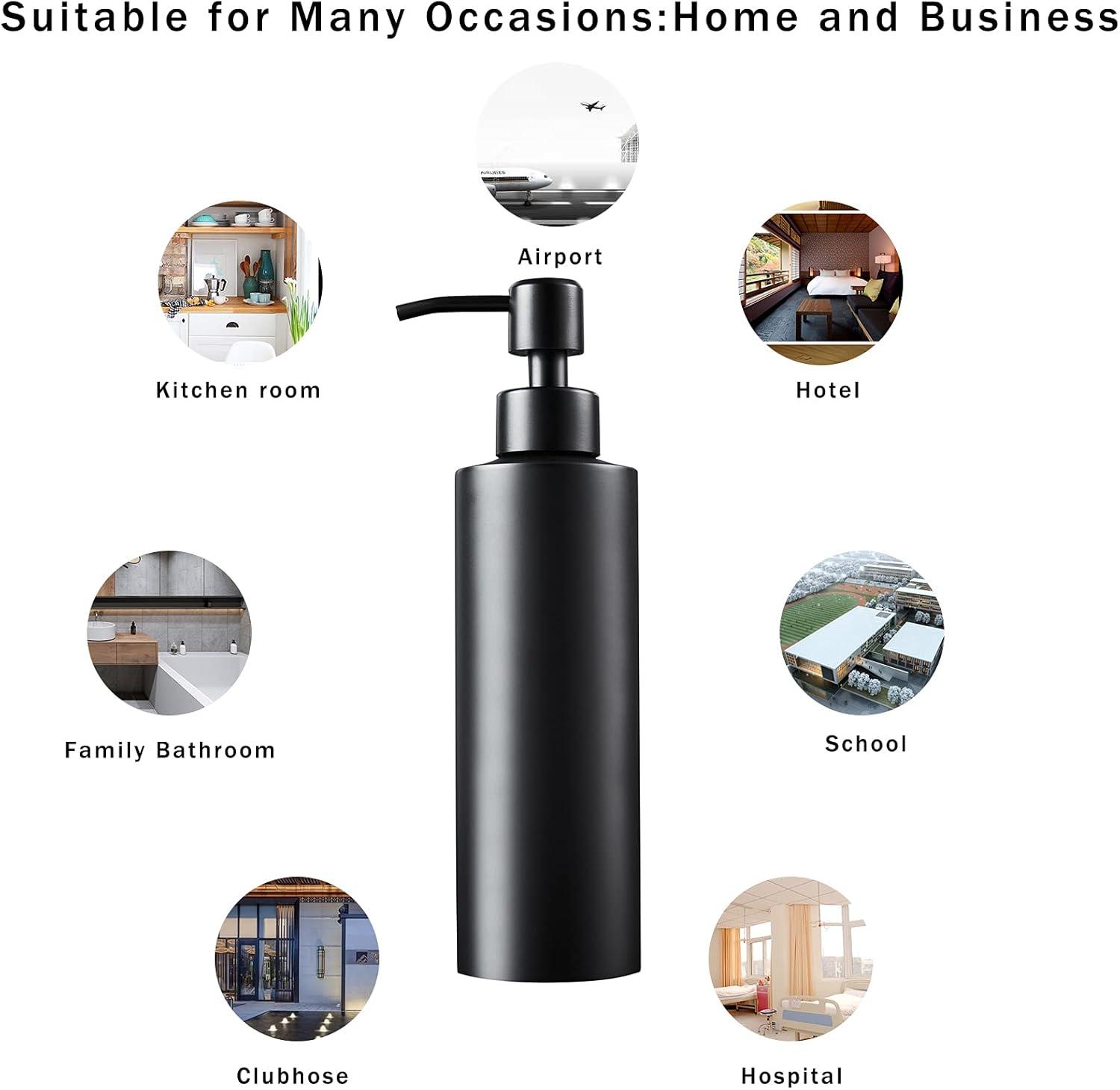 KLZO Soap Dispenser, Matte Black with Funnel and Non-Slip Coaster 304 Stainless Steel Metal Pump Hand Sanitizer Bottle for Bathroom, and Kitchen (12oz/350ml)