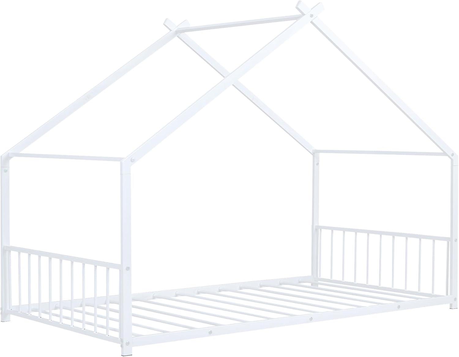 Gewnee Twin Size House Bed with Roof and Fence,Metal Montessori Platform Bed for Toddle and Kids,White