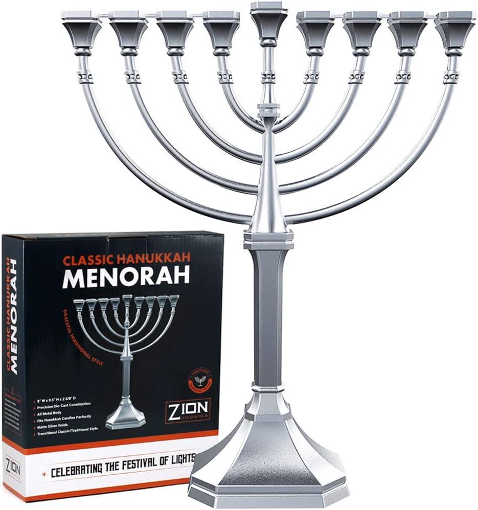 Traditional Classic Hanukkah Menorah - 9.5" Tall Graceful Style Candle Minorah Precision Die Cast Non Tarnish (Satin Silver) By Zion Judaica