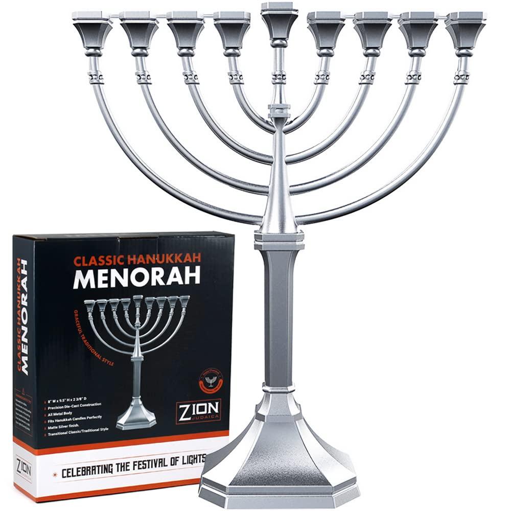Traditional Classic Hanukkah Menorah - 9.5" Tall Graceful Style Candle Minorah Precision Die Cast Non Tarnish (Satin Silver) By Zion Judaica