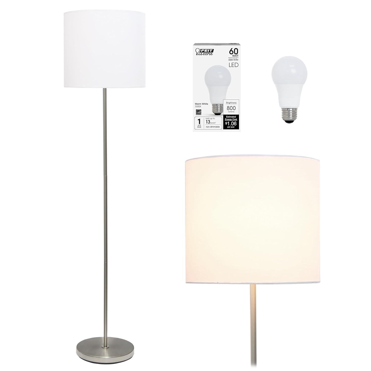 Drum Shade Floor Lamp White - Simple Designs: Brushed Nickel, Modern Style, ETL Listed