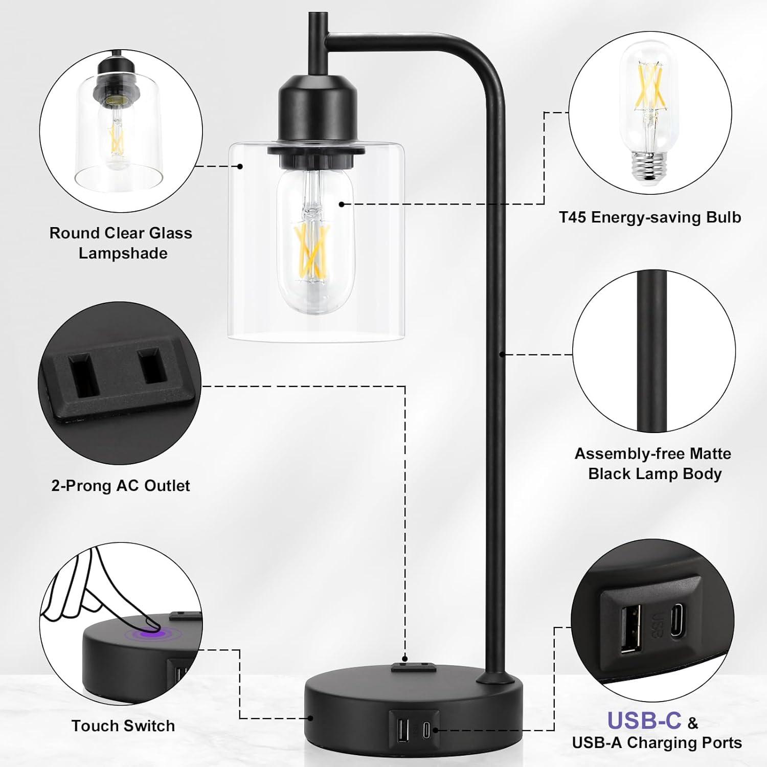 Industrial Nightstand Lamps for Bedrooms Set of 2 - Fully Dimmable Bedside Lamps with USB A C Ports and Outlet, Black Table Lamps with Clear Glass Shade for Living Room, Desk Lamps for Office Reading