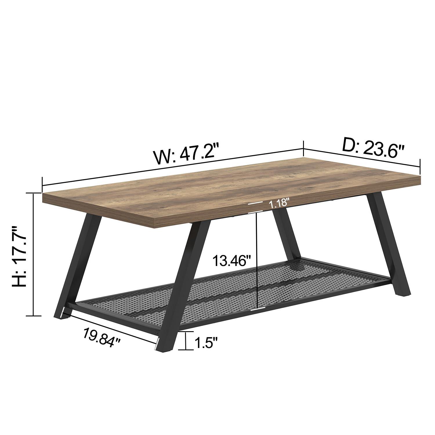 FOLUBAN Coffee Table, Modern Rustic Wood and Metal Center Table with Storage, Industrial Cocktail Tea Table for Living Room, Oak, 47 Inch