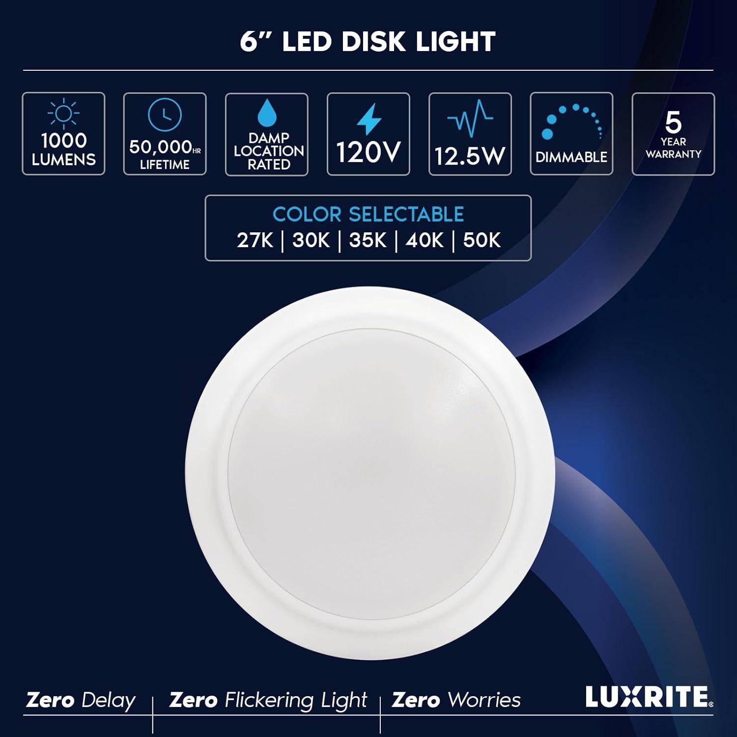 Luxrite 6 Inch LED Disk Lights, Dimmable, 5CCT 2700K-5000K, 12.5W, 1000LM, Damp Rated