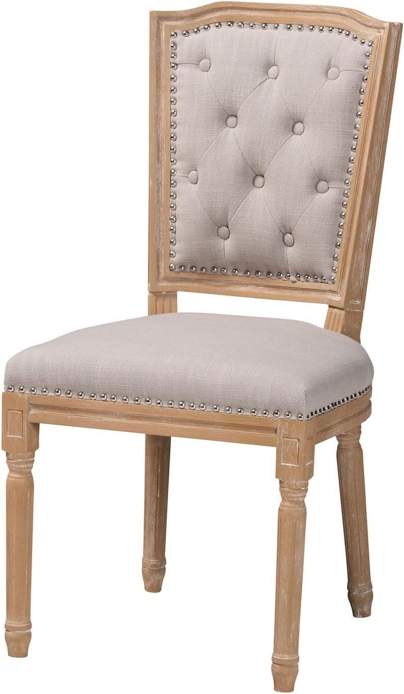 Estelle Chic Rustic French Country Cottage Dining Chair: Solid Oak, Linen Detail - Baxton Studio