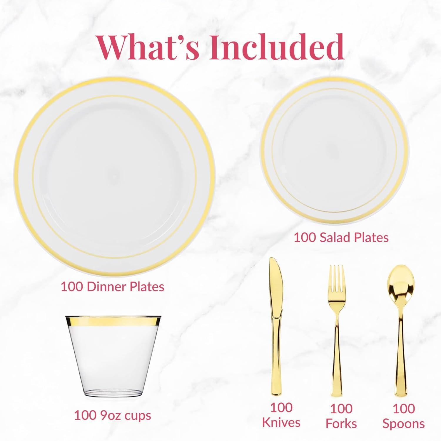 Gold Disposable Dinnerware Set for 100 Guests - 600PC BPA-Free Plastic Plates & Cutlery Kit with 100 Dinner Plates, Salad Plates, Forks, Knives, Spoons & Cups for Wedding, Party, Catering (Heavy-Duty)