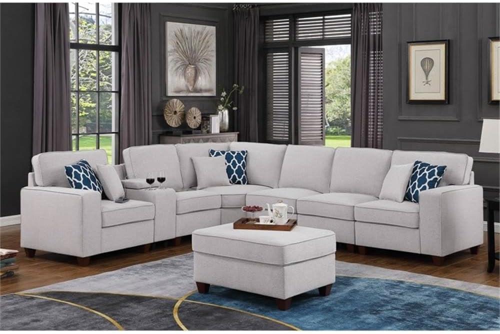 Light Gray 8-Piece Linen Blend Sectional Sofa with Ottoman and Console