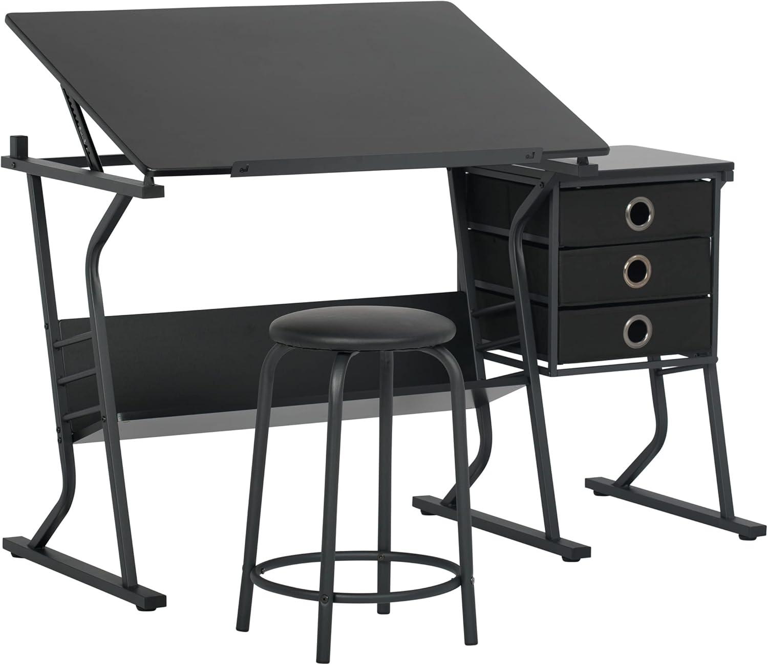 Studio Designs Home 2pc Eclipse Ultra Center/Drawing Table with Angle Adjustable Top, Storage Shelf, and Drawers with Padded Stool Set Black