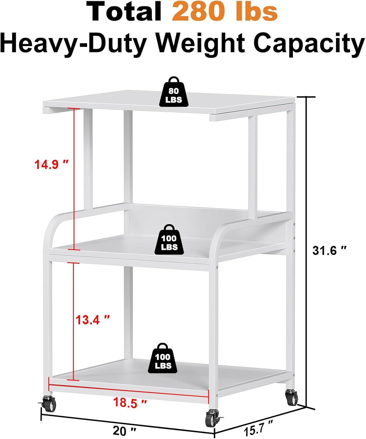 EasyCom Printer Stand- Large 3 Tier Printer Table with Wheels- Industrial Printer Storage Cart- Rolling Printer Cart with Storage Shelf for Printer Scanner Fax Home Office Use- White