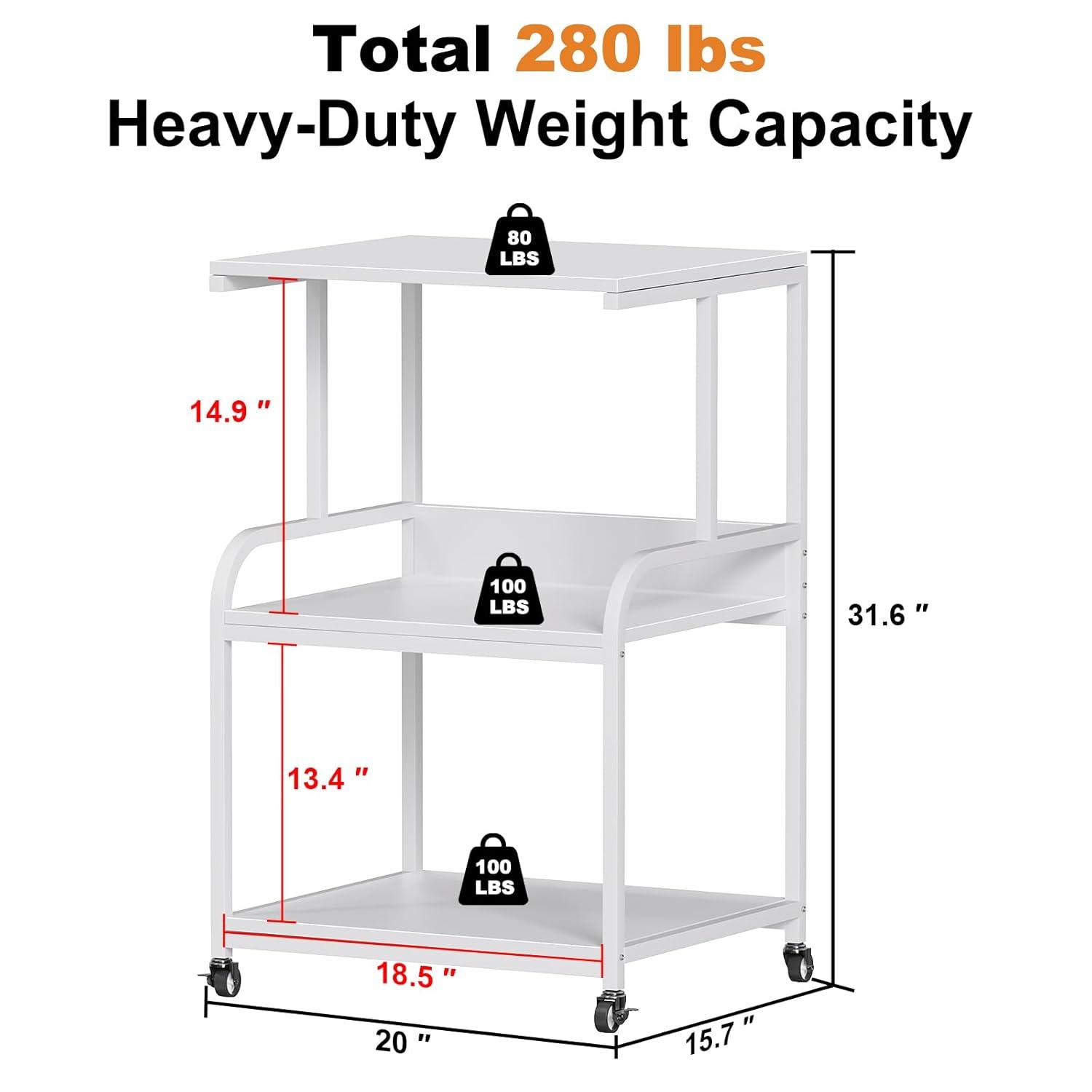 EasyCom Printer Stand- Large 3 Tier Printer Table with Wheels- Industrial Printer Storage Cart- Rolling Printer Cart with Storage Shelf for Printer Scanner Fax Home Office Use- White