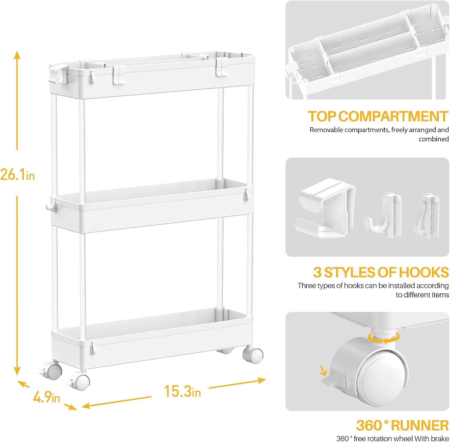 3 Tier Bathroom Rolling Utility Cart Storage, White