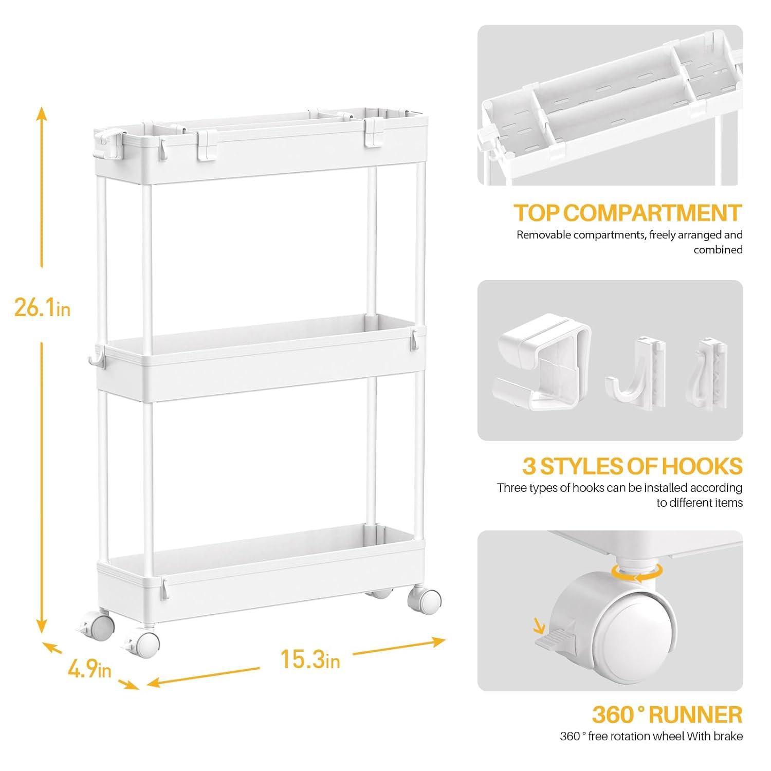 3 Tier Bathroom Rolling Utility Cart Storage, White