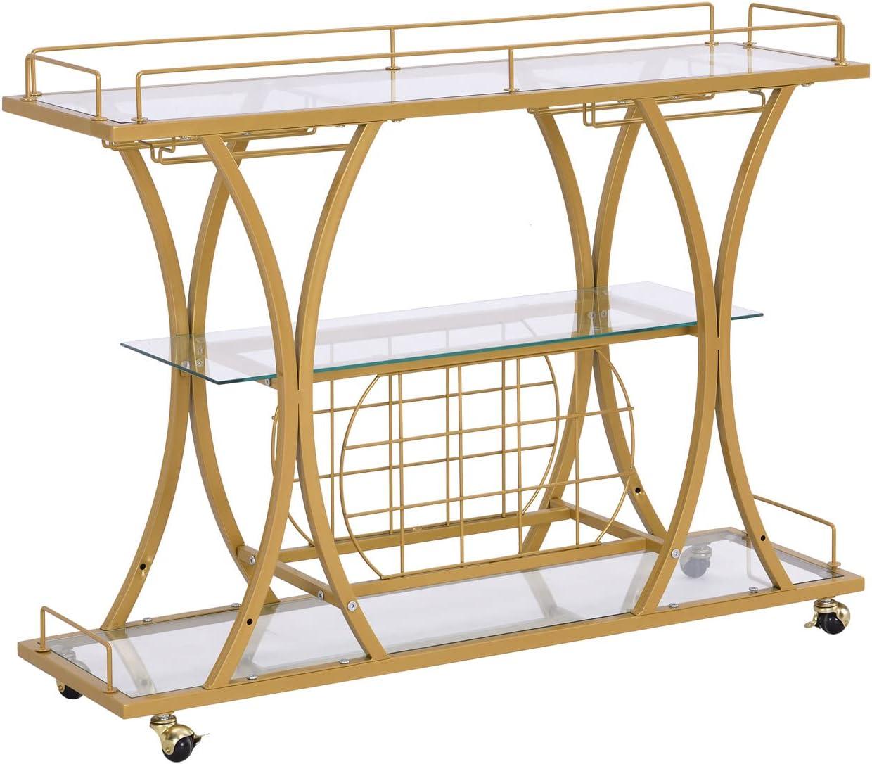 Gold Bar Carts with Glass Holders & Wine Rack,3 Tier,Glass Shelves