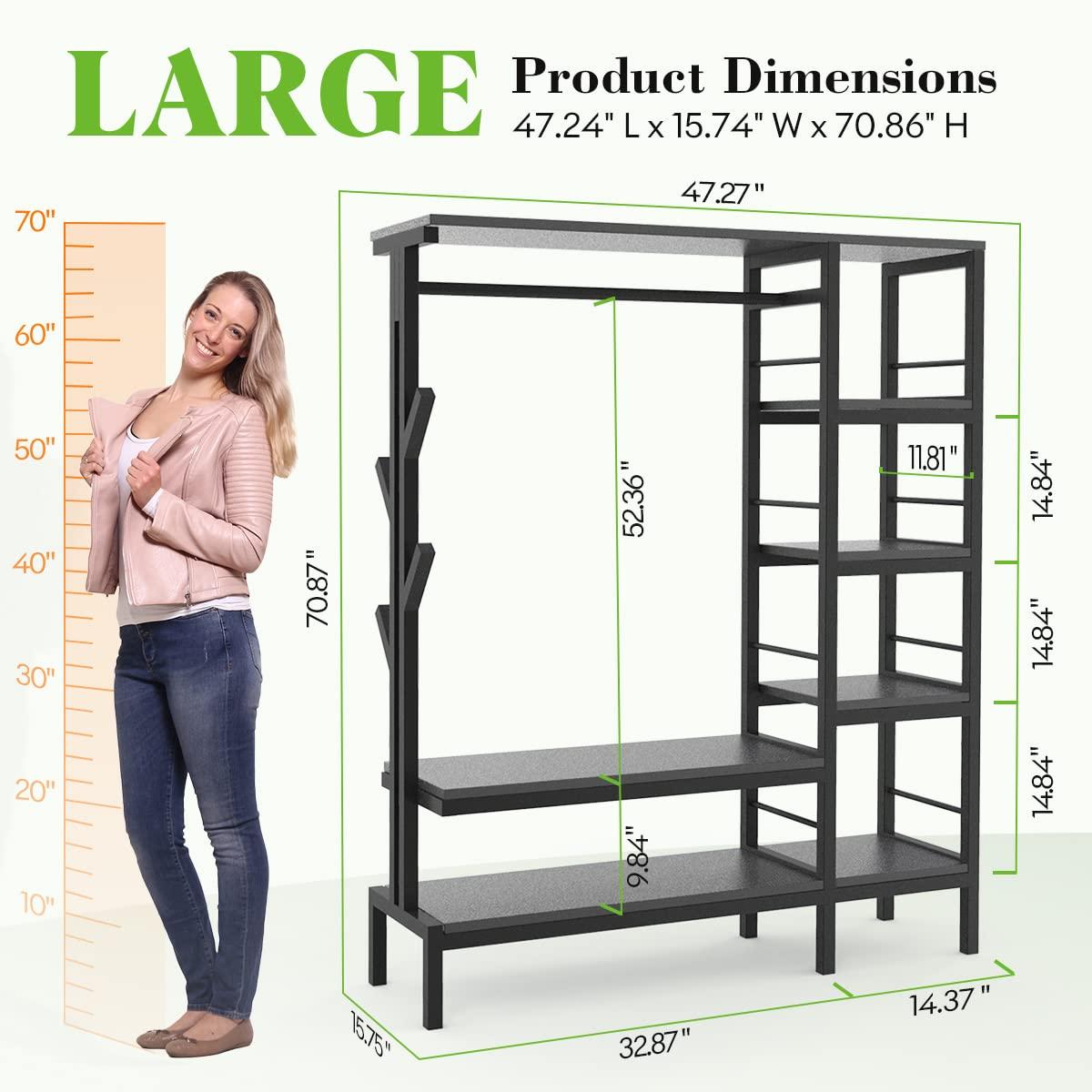 HOKEEPER Heavy Duty Extra Large Freestanding Closet Organizer With Coat Rack - Metal Wardrobe for Hanging Clothes, Storage Shelves, and Garment Rack for Bedroom