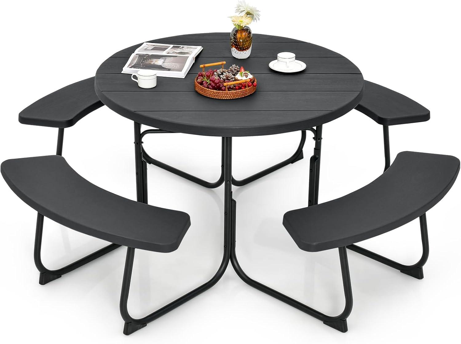 Costway Outdoor 8-person Round Picnic Table Bench Set with 4 Benches & Umbrella Hole Green