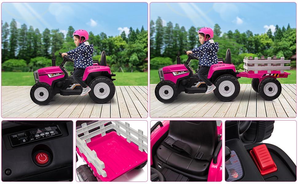 12V Kids Battery Powered Electric Tractor with Remote Control and Trailer Toddler Ride Car With 7LED Headlight and 2+1 Gear Shift Music USB Port Suitable for Children 3+