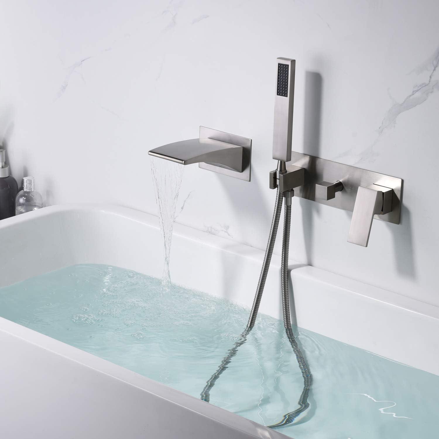 Sumerain Wall Mount Tub Filler Brushed Nickel with Waterfall Tub Spout and Handheld Shower, High Flow