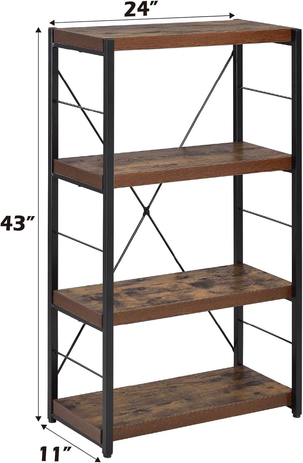 4 Tiered Metal Framed Wooden Bookshelf Weathered Oak Brown and Black - Saltoro Sherpi