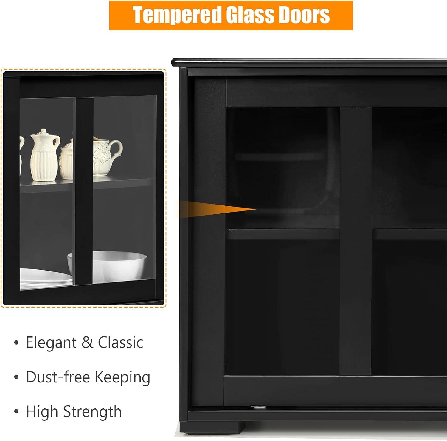 Black MDF and Glass Sliding Door Sideboard Cabinet