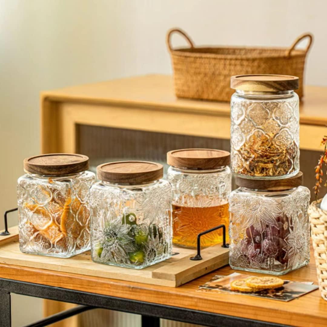 Vintage Clear Glass Jar with Wooden Lid and Embossed Design