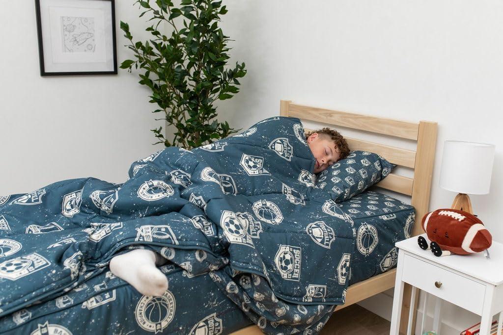 Beddy's Sports Theme Boys Durable Zipper Bedding for Kids, Bed in a Bag, Blue Sheets with Baseball, Football, Basketball, Soccer Comforter, Pillowcase & Pillow Sham, Easy to Make & Wash