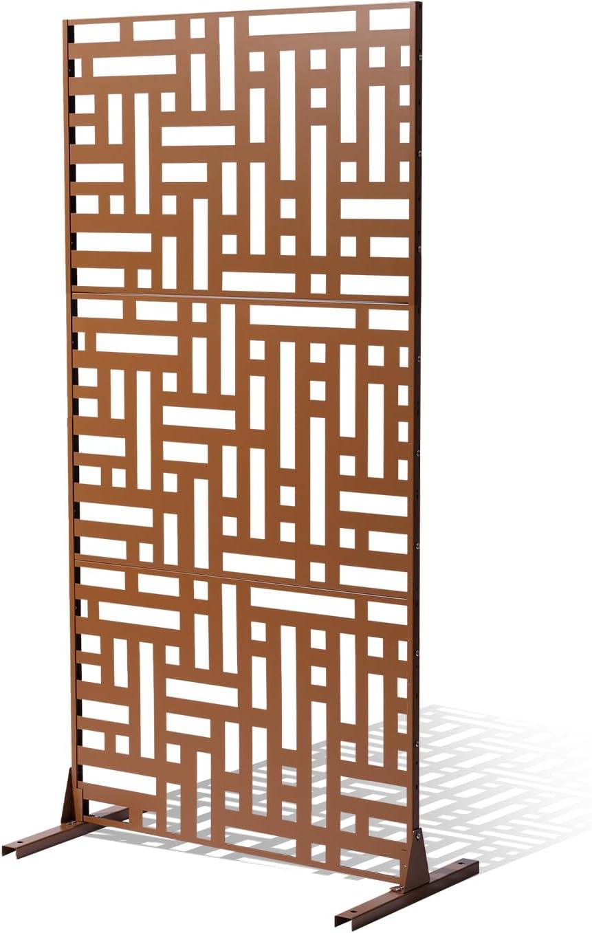 VEVOR Metal Privacy Screen, 47" W x 76" H, Outdoor Privacy Screens 3-Panel, Freestanding Outdoor Divider with Stand, Decorative Garden Steel Privacy Fence for Balcony Patio Indoor Room Hot Tub Brown