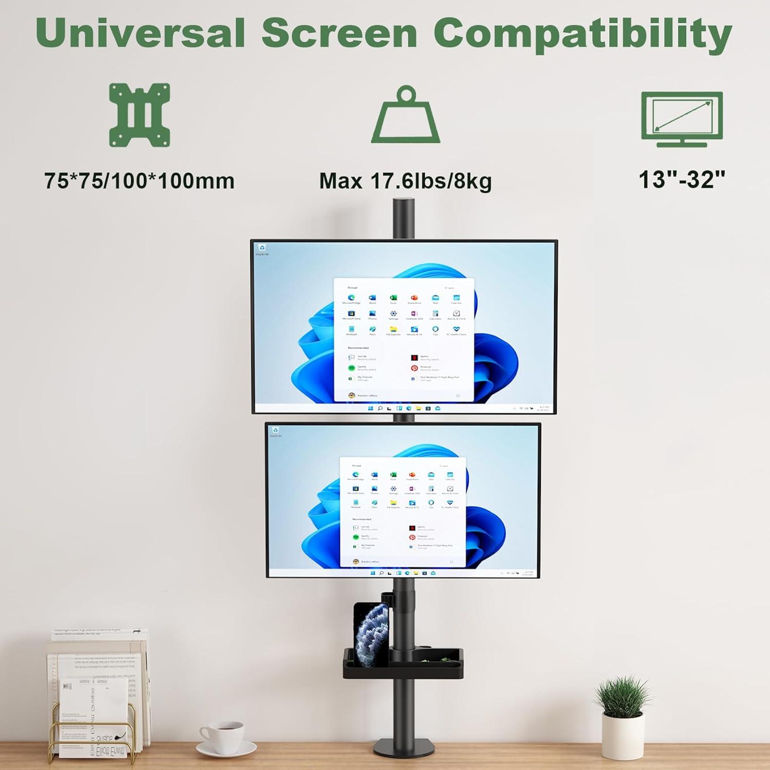 Dual Vertical Monitor Mount with Storage Tray and Adjustable Arms