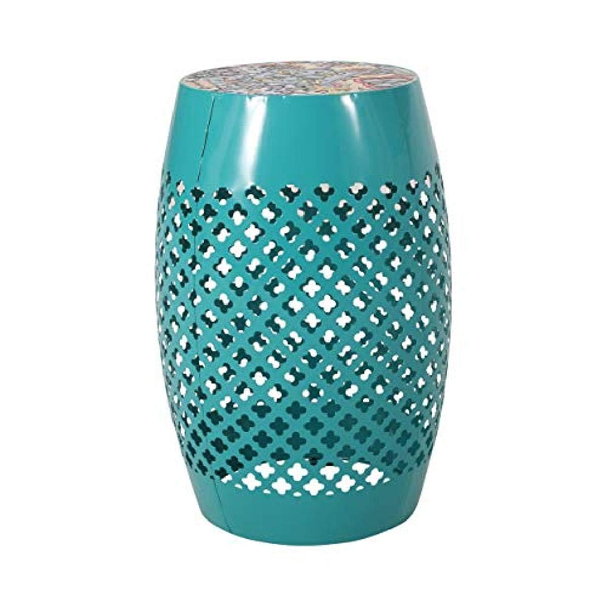 GDF Studio Kalyse Outdoor Lace Cut Side Table with Tile Top, Dark Blue and Multicolored