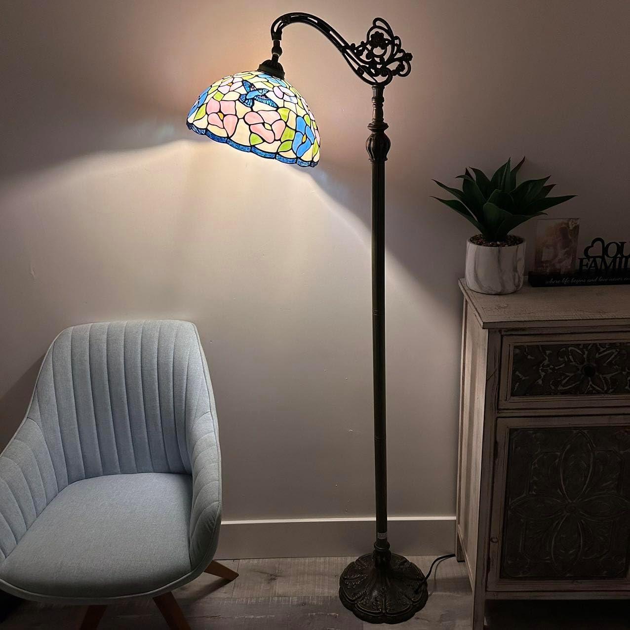 Tiffany Floor lamps Pink blue stained glass Hummingbird Flowers LED Bulb Included Gooseneck Adjustable Corner Standing Reading Light for Living Room Bedroom 20"W*12"D*63"H