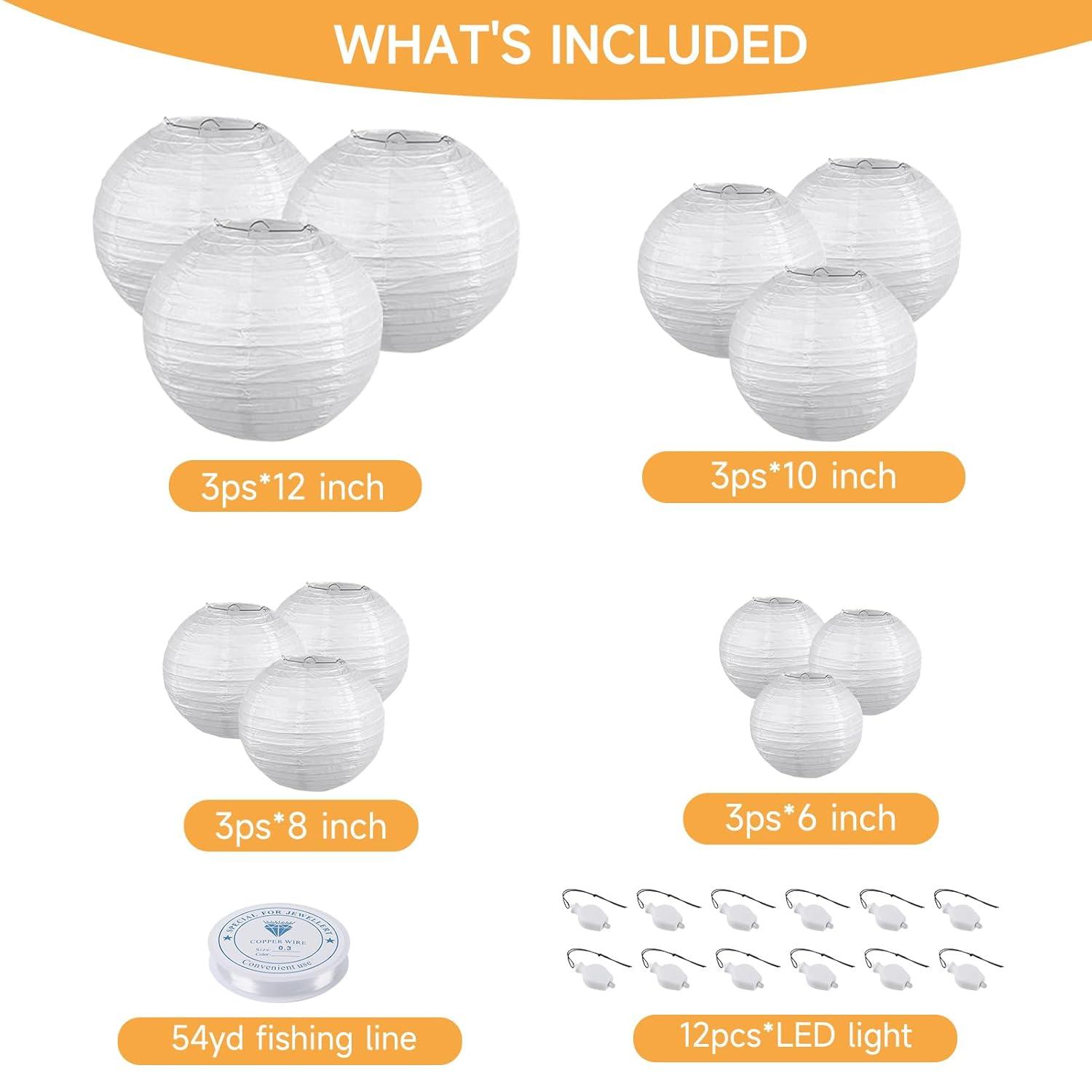 HAUSPROFI Paper Lanterns, 6" 8" 10" 12" Round Paper Lantern with LED Lantern Lights for Indoor and Outdoor Decoration - (Lanterns: 12pcs, Warm White Lights: 12pcs)