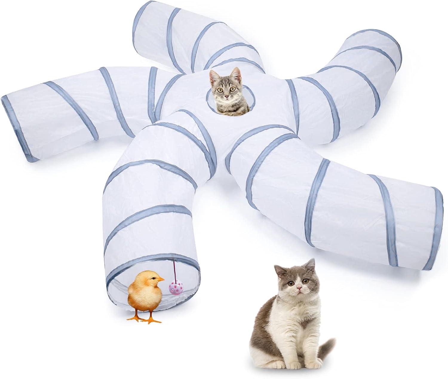 EGETOTA Cat Tunnel for Indoor Cats Large, with Play Ball S-Shape 4 Way Collapsible Interactive Peek Hole Pet Tube Toys, Puppy, Kitty, Kitten, Rabbit (S4 - White & Grey)