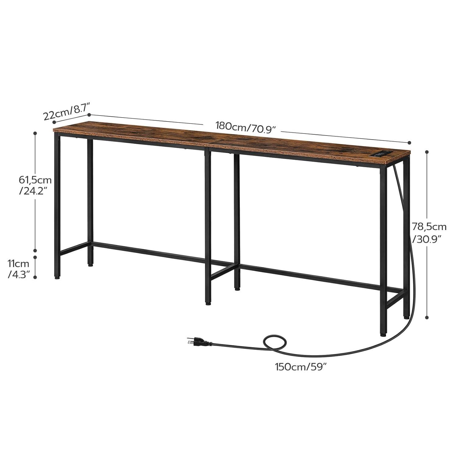 HOOBRO 70.9 Inches Console Table with 2 Power Outlets and 2 USB Ports, Extra Long Entryway Table with Charging Station, Narrow Sofa Table Behind Couch, Hallway, Living Room, Rustic Brown BF1801XG01G2